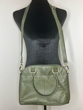 Olive Green Leather Satchel with Adjustable Strap